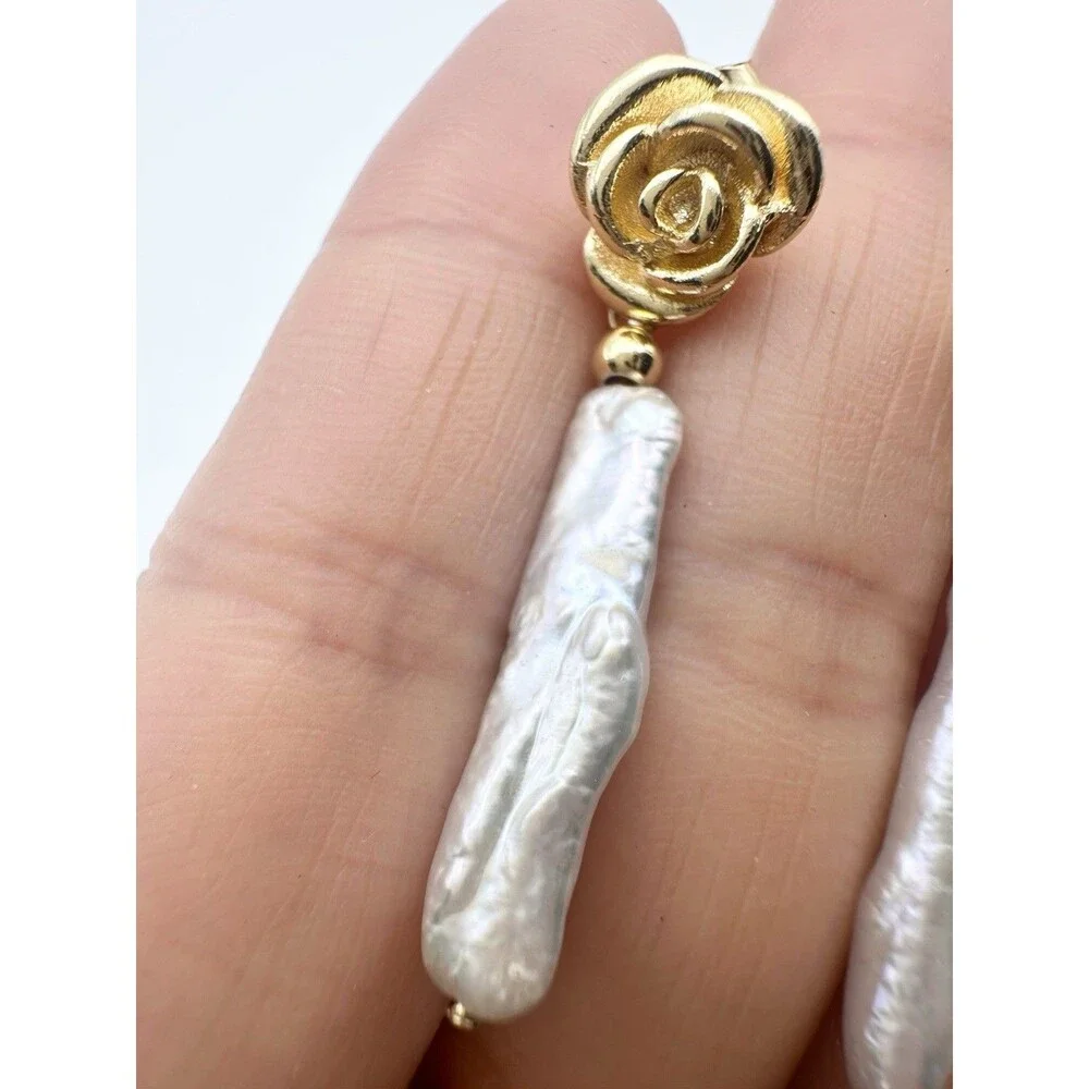 Baroque Pearl Rose Earrings Gold Tone Dangle